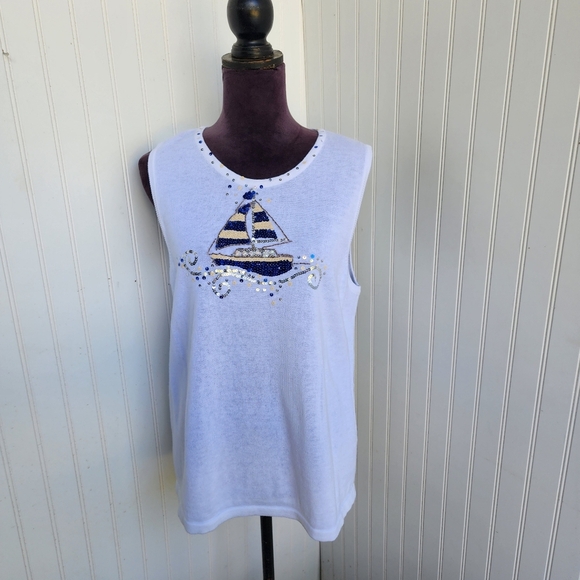 Quacker Factory White Sailboat Sweater Vest Womens Sleeveless Sequin Top Knit L - Picture 1 of 10